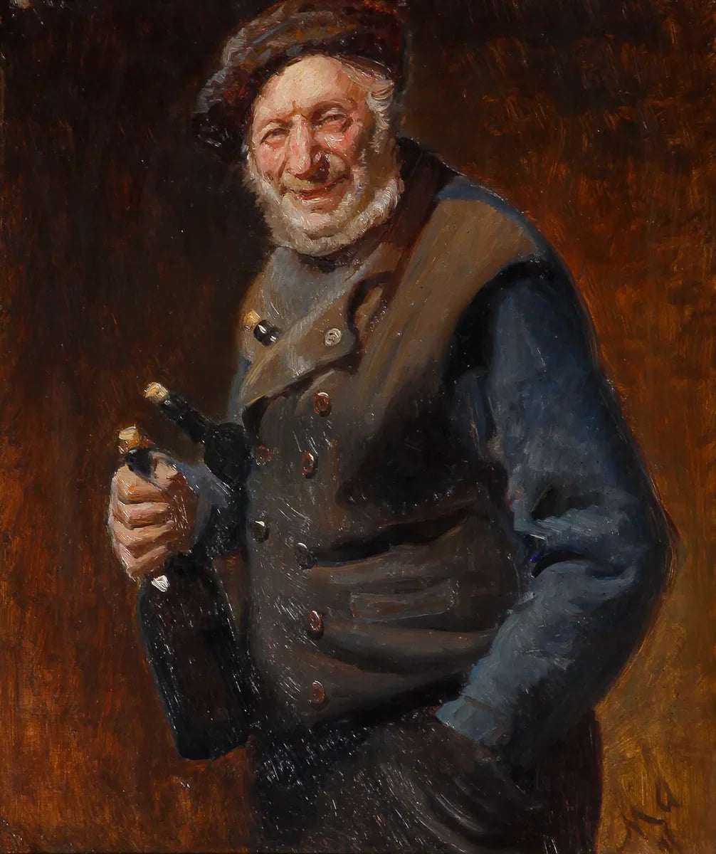 Un vieil homme de Skagen tenant des bouteilles à la main et dans ses poches. - Michael Peter Ancher image 1 copie de tableau peinte à la main