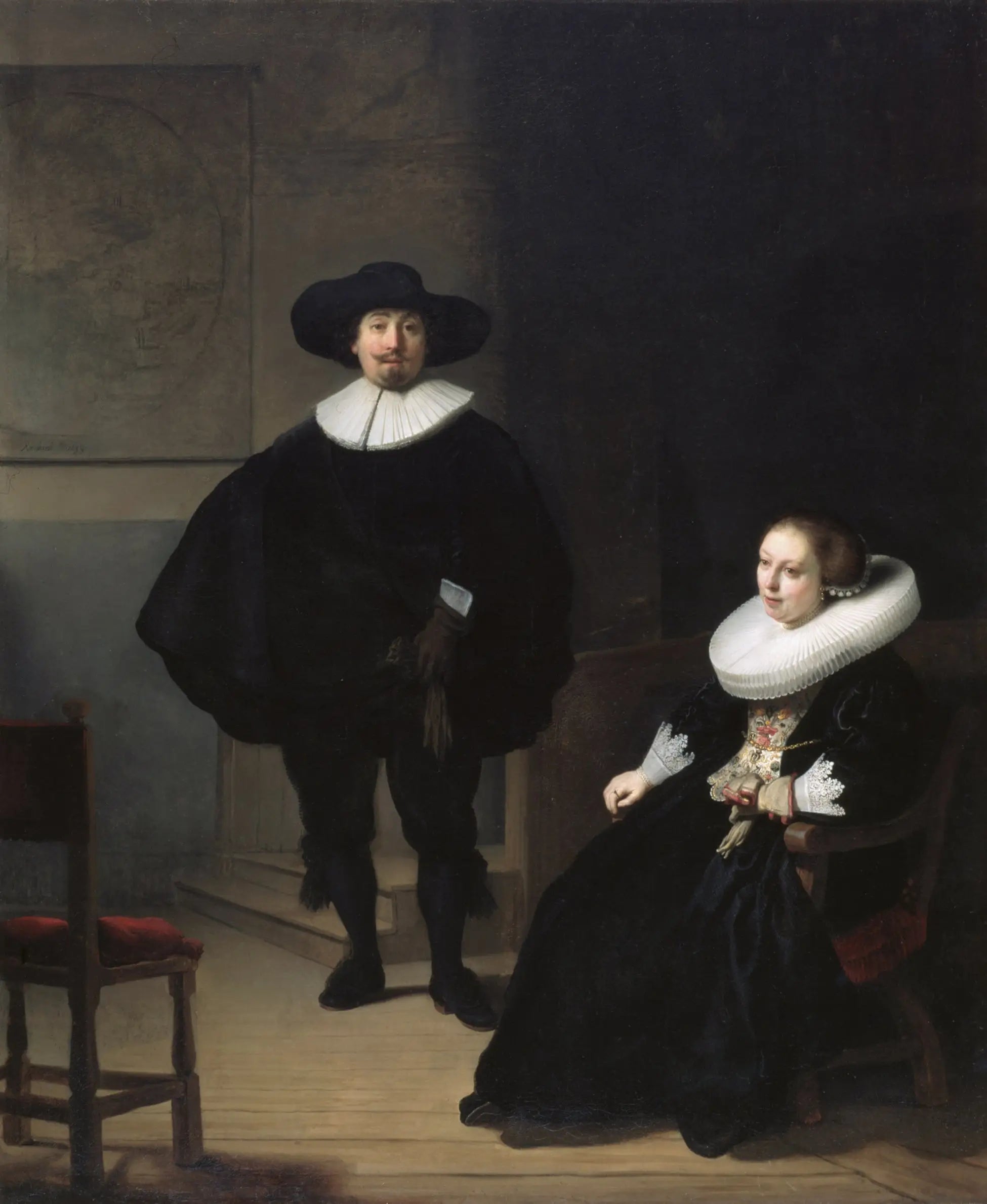 Une dame et un gentilhomme en noir - Rembrandt image 1 copie peinte à la main à l’huile