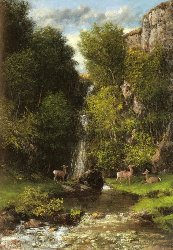 ครอบครัวกวางในทิวทัศน์พร้อมน้ำตก - Gustave Courbet