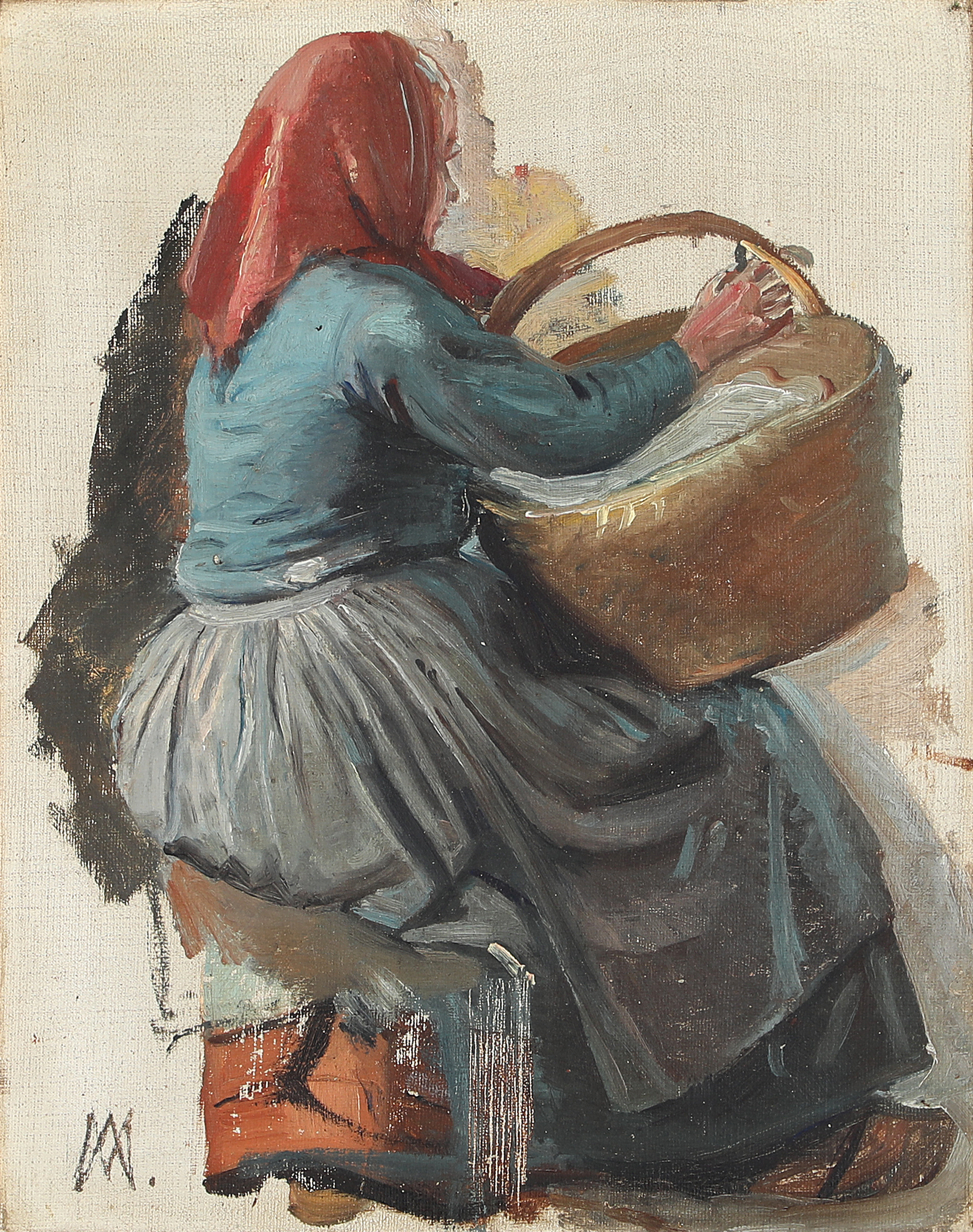 Une femme de dos portant un panier et un foulard rouge sur la tête. - Michael Peter Ancher image 1 copie peinte à la main à l’huile