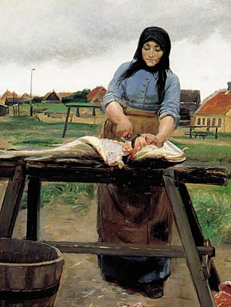 Une femme de Skagen en train de découper un aiglefin. - Michael Peter Ancher image 1 copie peinte à la main à l’huile