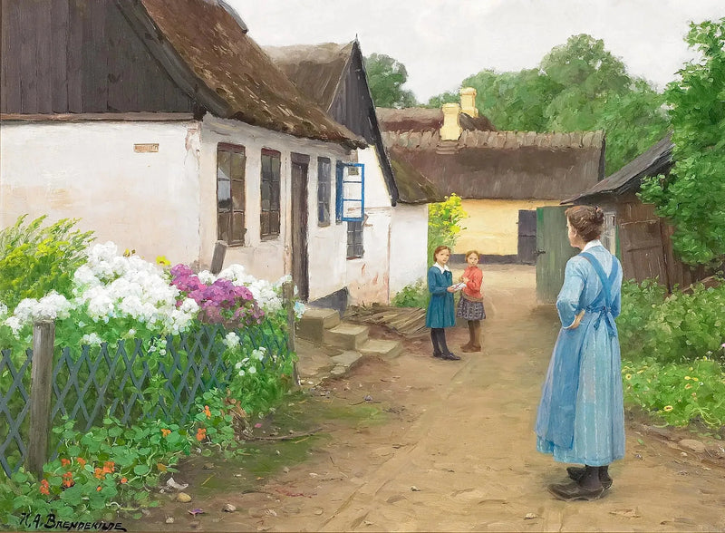 ผู้หญิงและเด็กบางคนในถนนเล็กๆ ของหมู่บ้าน - H. A. Brendekilde