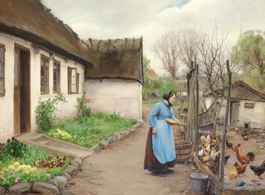 ผู้หญิงเลี้ยงไก่หน้าฟาร์มสีขาวปูนเปลือยในวันฤดูใบไม้ร่วง - H. A. Brendekilde
