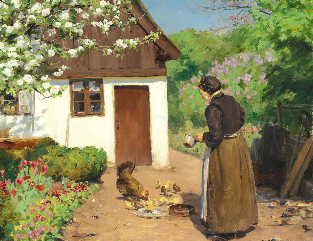 Une femme nourrit des poules devant une ferme blanche et calcaire un jour d'été. - H. A. Brendekilde image 1 reproduction artisanale de tableau