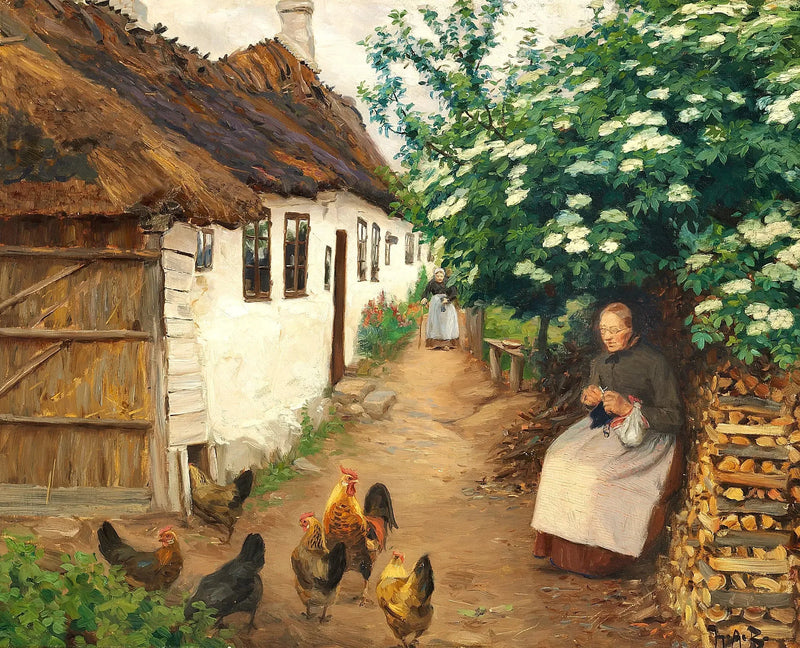 ผู้หญิงคนหนึ่งถักผ้าพันคออยู่ใกล้บ้านเก่า - H. A. Brendekilde