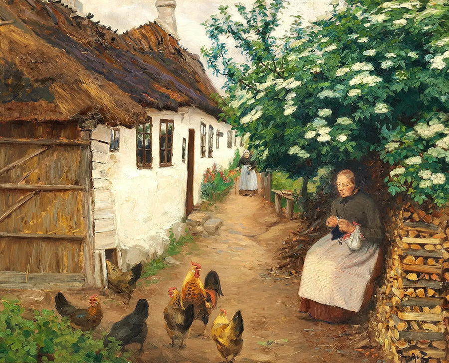 ผู้หญิงคนหนึ่งถักผ้าพันคออยู่ใกล้บ้านเก่า - H. A. Brendekilde