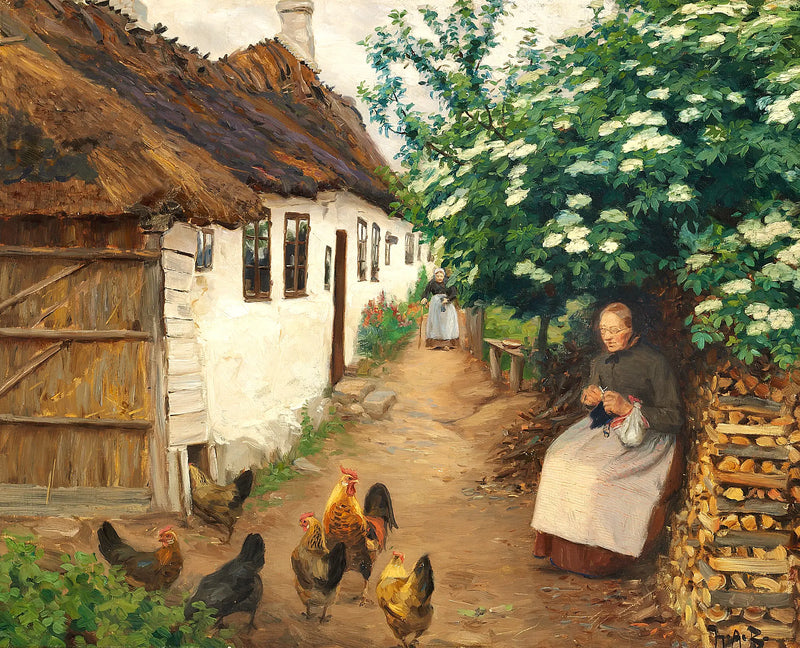 ผู้หญิงคนหนึ่งถักผ้าพันคออยู่ใกล้บ้านเก่า - H. A. Brendekilde