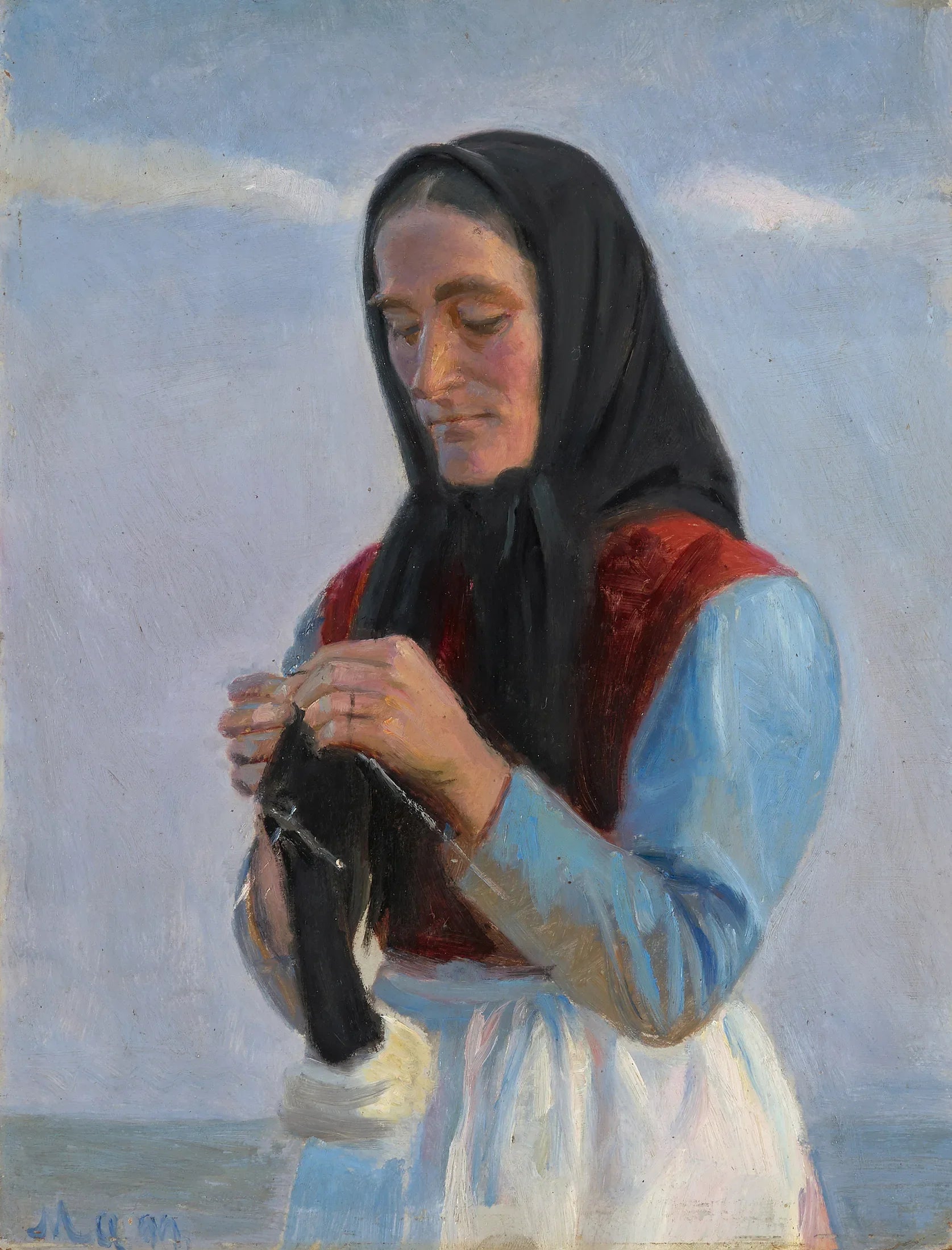 Une femme tricote sur la plage. - Michael Peter Ancher image 1 reproduction d’œuvre d’art à l’huile