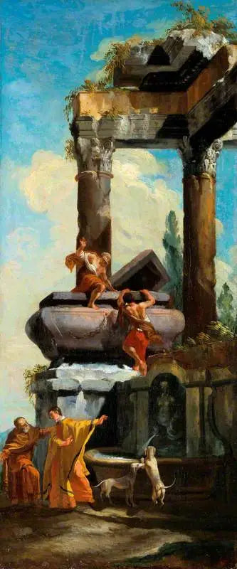 น้ำพุพร้อมซากปรักหักพังสไตล์คลาสสิก - Giovanni Paolo Panini