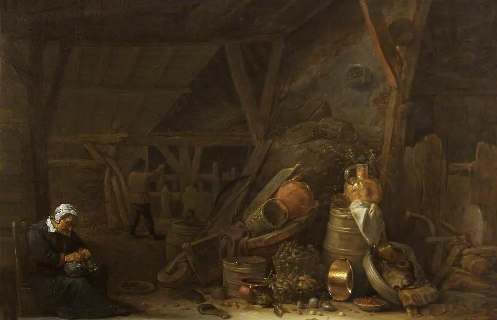 Une grange avec une nature morte d'ustensiles de cuisine et un cuisinier endormi - David Teniers le Jeune image 1 reproduction réalisée par Alpha Reproduction