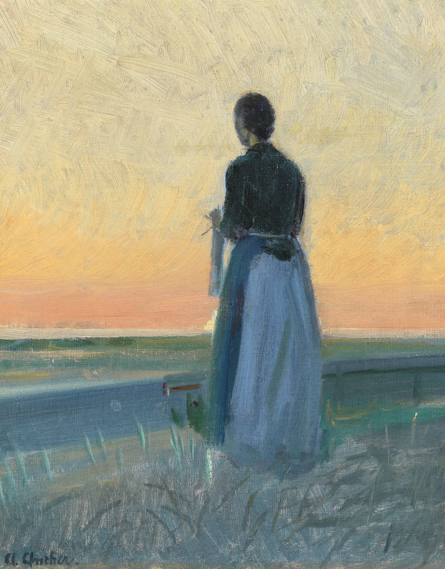 ผู้หญิงสาวกำลังถักไหมพรม ยืนอยู่ใต้พระอาทิตย์ตกดิน - Anna Ancher