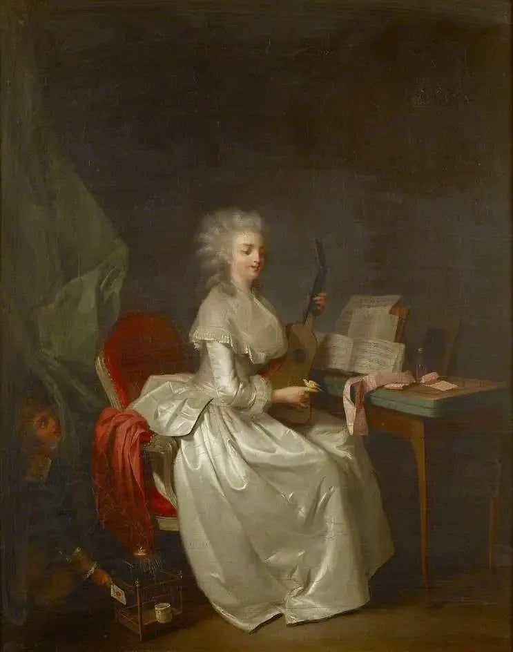 Une jeune femme jouant de la guitare avec un oiseau chanteur dans sa main - Louis-Léopold Boilly image 1 tableau peint à l’huile sur toile