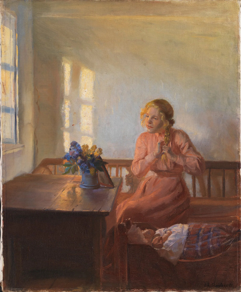 เด็กหญิงคนหนึ่งกำลังถักผม - Anna Ancher