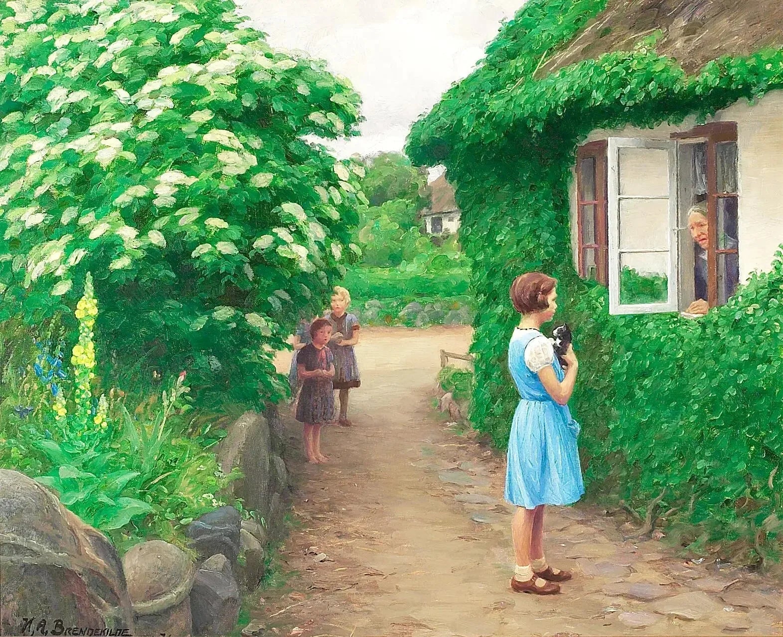 Une journée d'été avec des enfants avec un chaton et une vieille femme à la fenêtre. - H. A. Brendekilde image 1 copie peinte à la main à l’huile