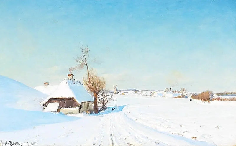 วันที่มีแดดในฤดูหนาวพร้อมบ้านๆ โรงสี และตัวละคร - H. A. Brendekilde