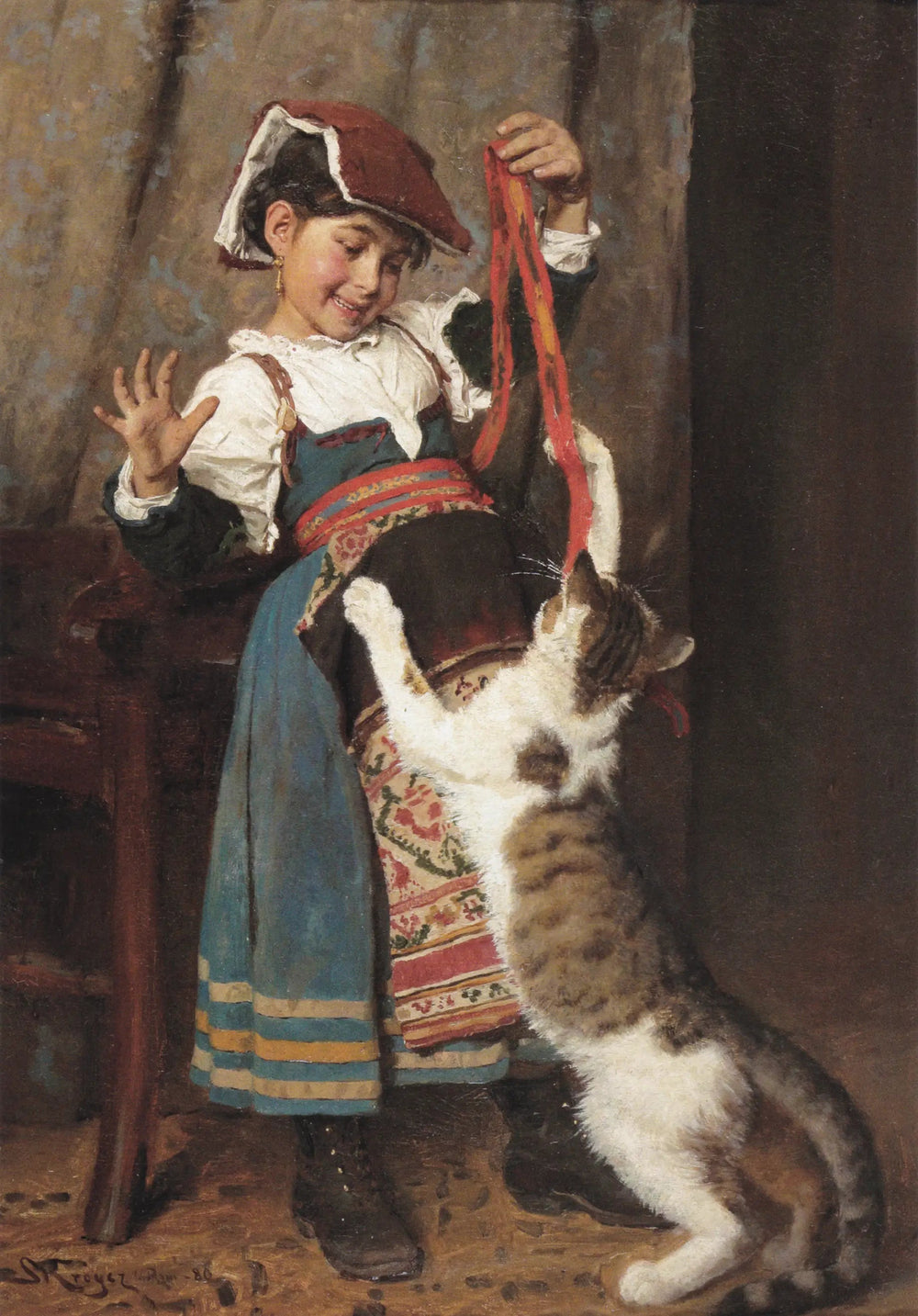 Une petite fille en robe paysanne, jouant avec un chat. - Peder Severin Krøyer image 1 copie peinte à la main à l’huile