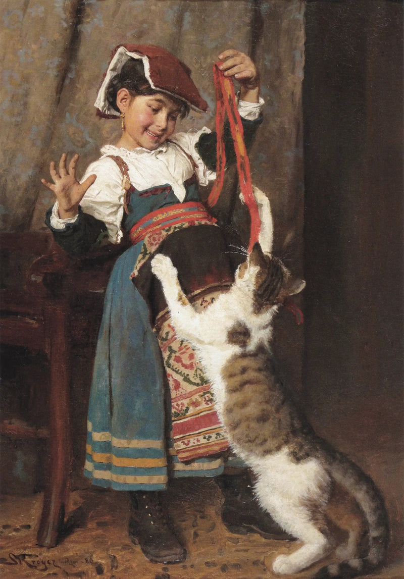 เด็กหญิงตัวน้อยในชุดชนบท เล่นกับแมว - Peder Severin Krøyer