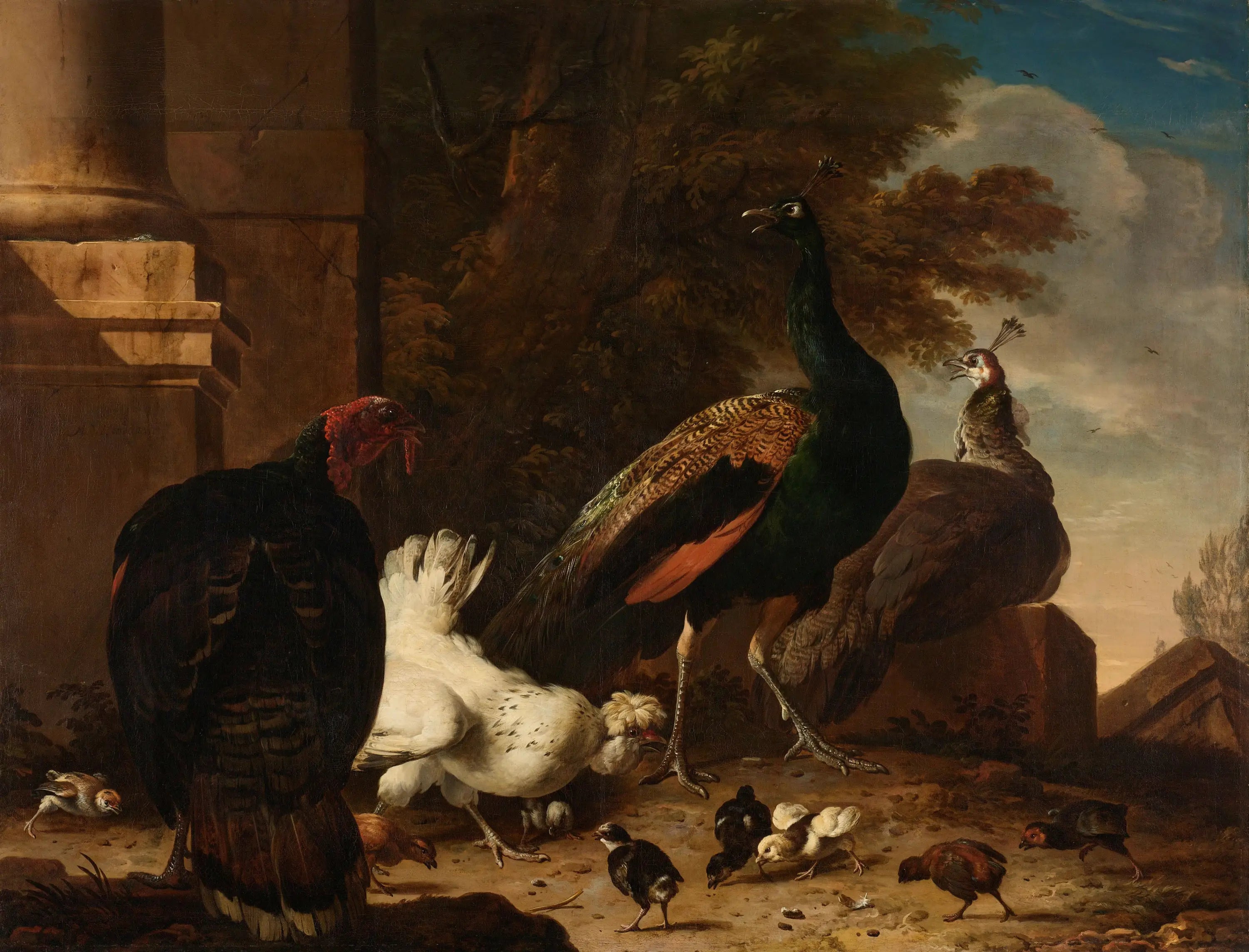 Une poule avec des paons et une dinde - Melchior de Hondecoeter image 1 tableau peint à l’huile sur toile
