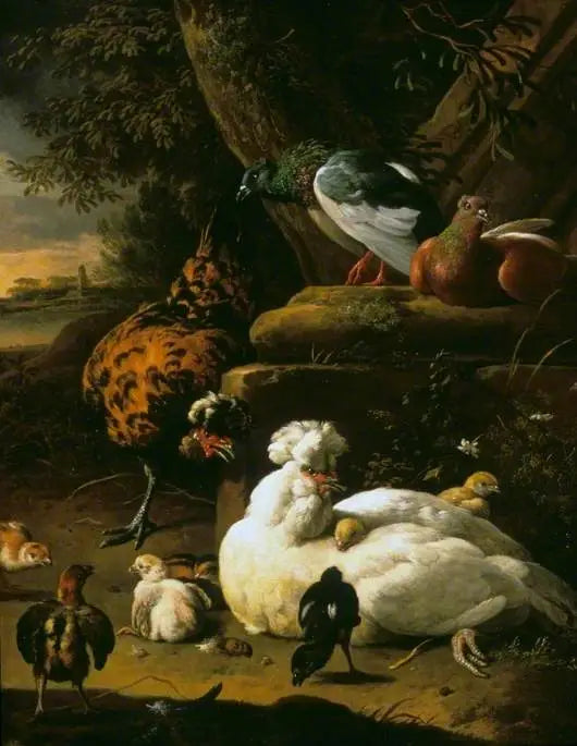 ไก่พร้อมลูกไก่, ไก่ตัวผู้ และนกพิราบในทิวทัศน์ - Melchior de Hondecoeter