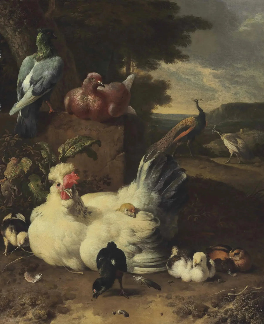 ไก่ตัวหนึ่ง ลูกไก่ นกพิราบ และนกยูงข้างกำแพงหินในทิวทัศน์ - Melchior de Hondecoeter