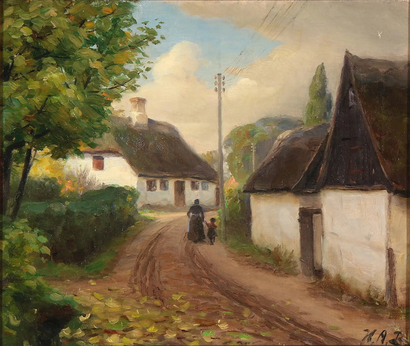 ถนนในหมู่บ้านพร้อมผู้หญิงและเด็กเดินจับมือกัน - H. A. Brendekilde