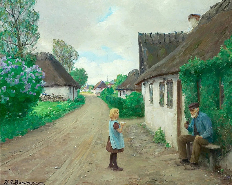 ถนนในหมู่บ้านพร้อมหญิงสาวพูดคุยกับ Jens Wilhelm เก่าแก่จาก Jyllinge อายุ 93 ปี - H. A. Brendekilde