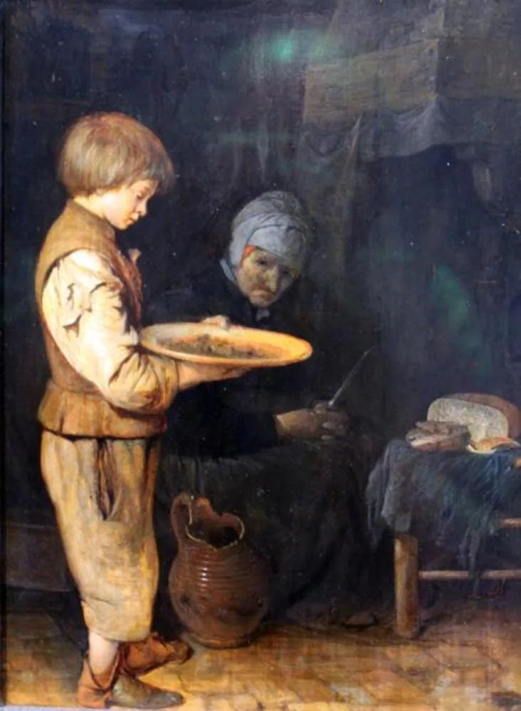 Une vieille femme et un garçon prennent un repas modeste. - Gerard ter Borch