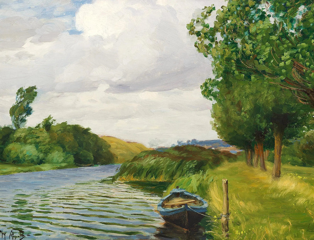 Une vue de la rivière à Odense, avec un bateau. - H. A. Brendekilde image 1 tableau peint à l’huile sur toile