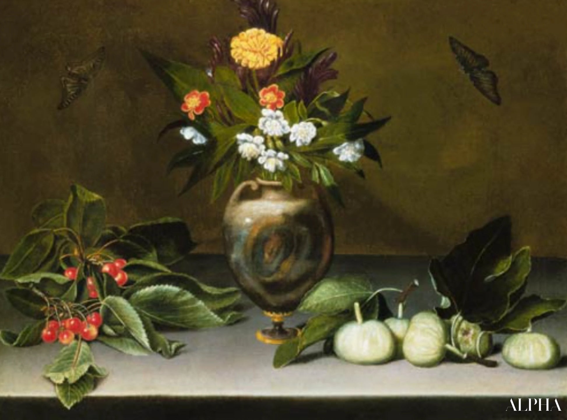 Vase avec des fleurs, cerises, figues et deux papillons - Caravage - Reproductions de tableaux et peintures haut de gamme