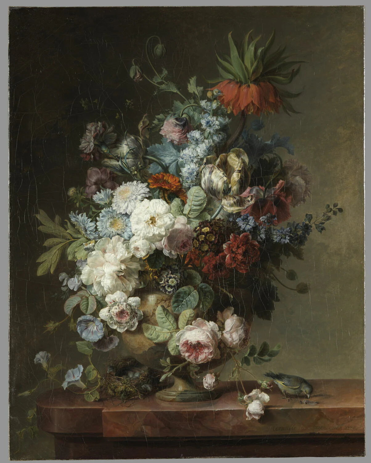 Vase de fleurs sur une table de pierre, avec un nid et un verdier mâle - Cornelis van Spaendonck