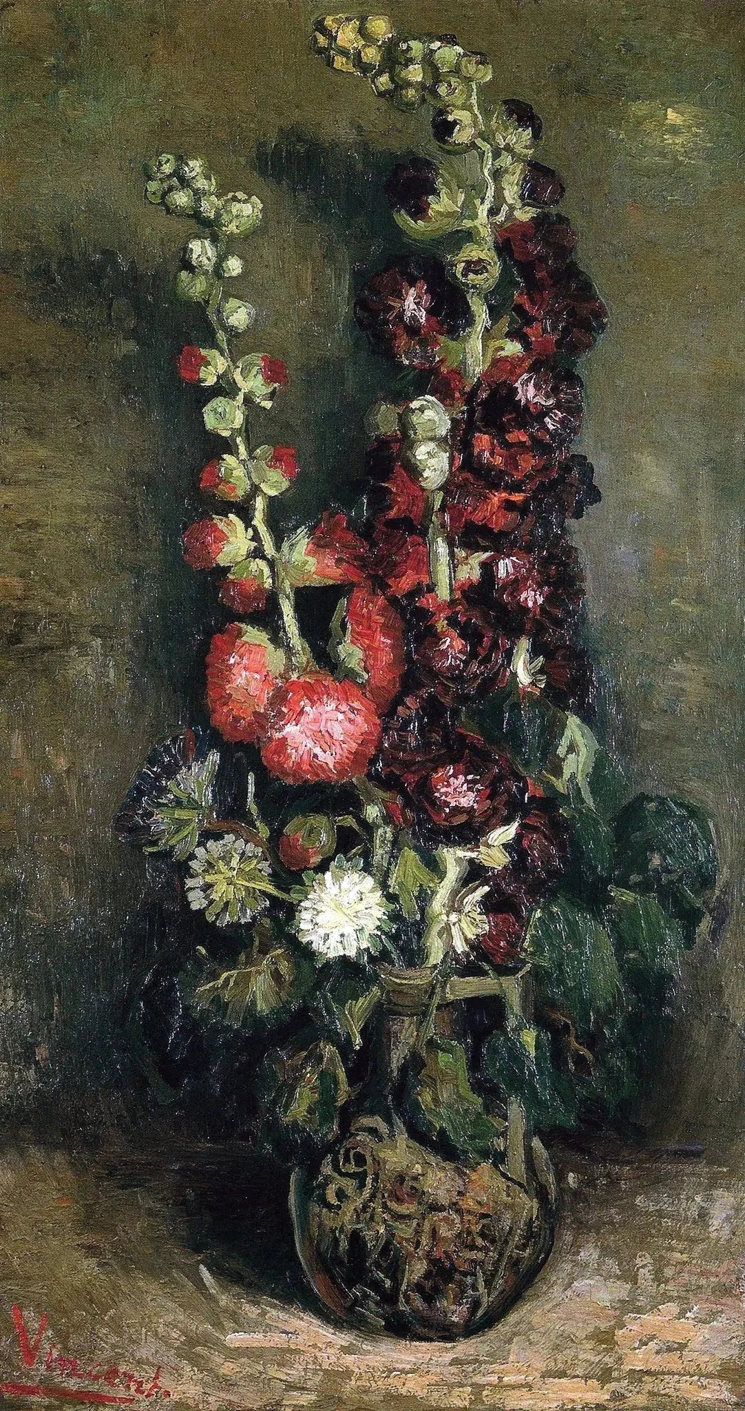 Vase de roses trémières F235 — haut bouquet peint par Vincent van Gogh