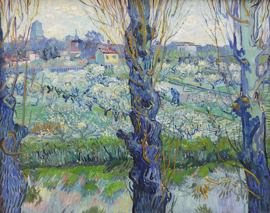 สวนผลไม้ที่บานสะพรั่งพร้อมวิวเมืองอาร์ลส์ - Vincent van Gogh