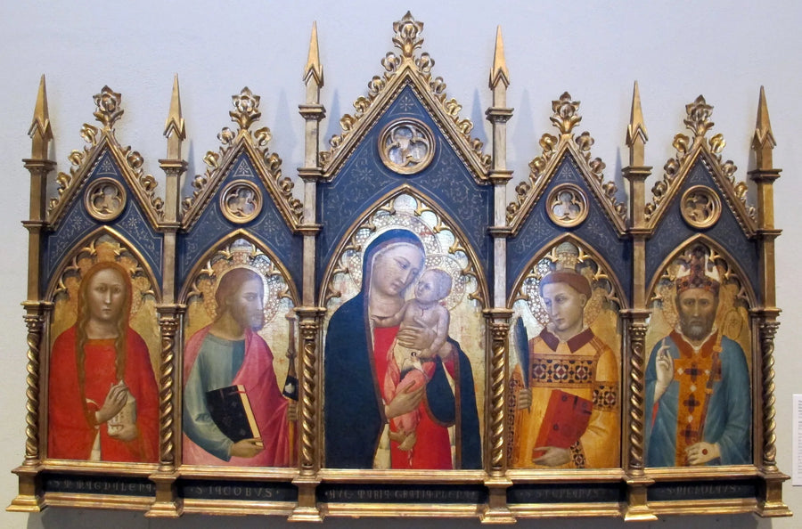 Vierge à l'Enfant, avec saint Marie-Madeleine, saint Jacques le Majeur, saint Étienne et un évêque. - Allegretto Nuzi image 1 copie de tableau peinte à la main