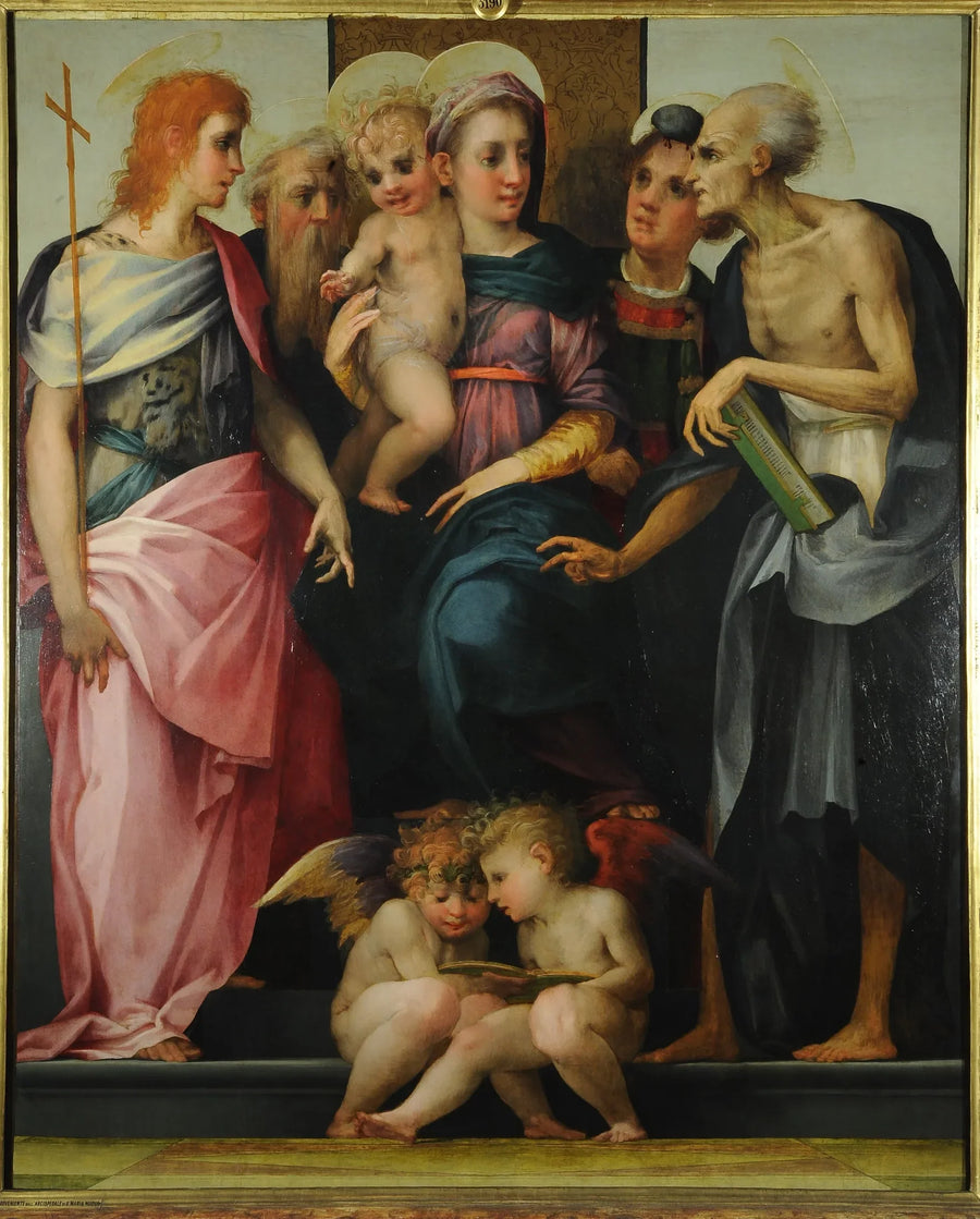 Vierge à l'Enfant en majesté avec les saints Jean baptiste, Antoine abbé, Étienne et Jérôme - Rosso Fiorentino image 1 tableau peint à l’huile sur toile