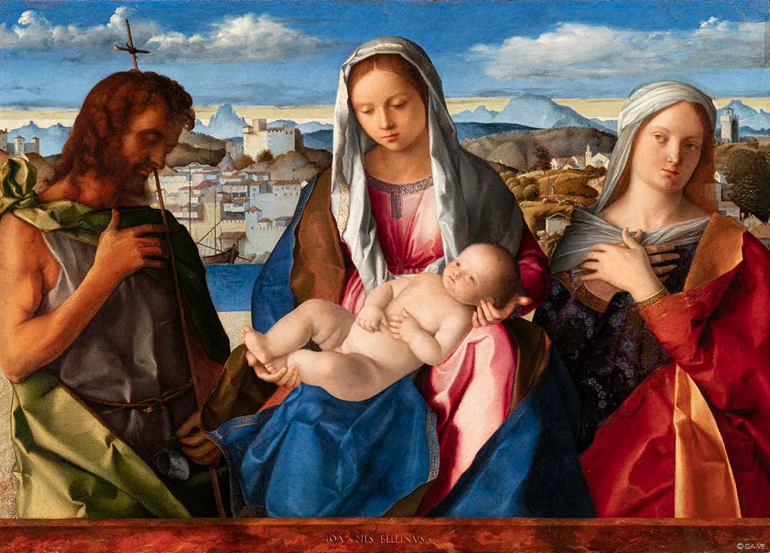 Vierge à l'Enfant entourée de saint Jean-Baptiste et d'une sainte - Giovanni Bellini image 1 reproduction artisanale de tableau