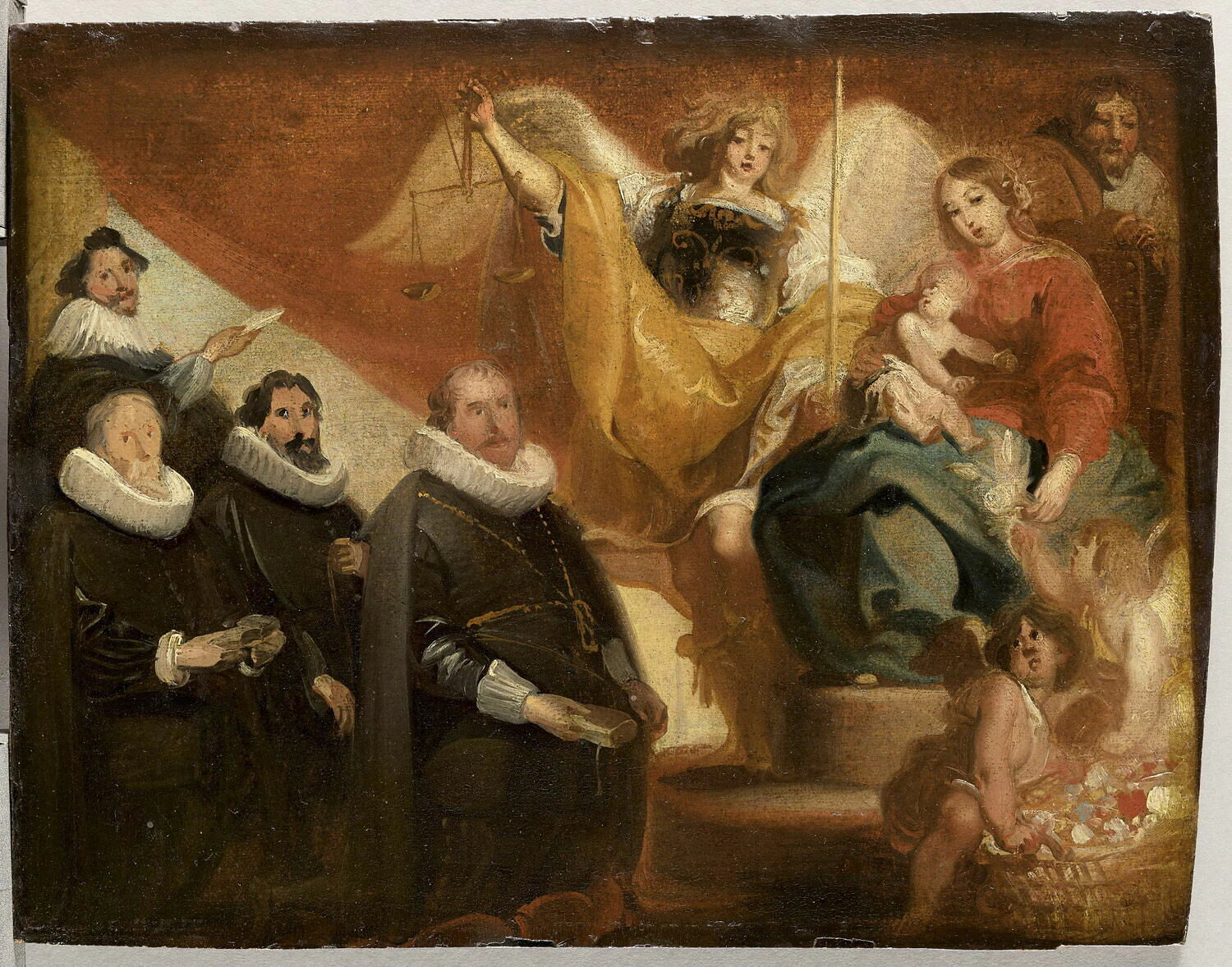 Vierge à l'Enfant avec saint Joseph et l'archange saint Michel, et quatre magistrats de la ville de Bruxelles en orants - Anton Sallaert