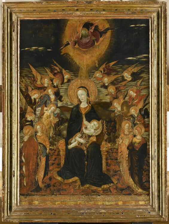 La Vierge et l'Enfant entourés d'anges et de saintes et surmontés par Dieu le Père bénissant - Pietro di Giovanni d'Ambrogio