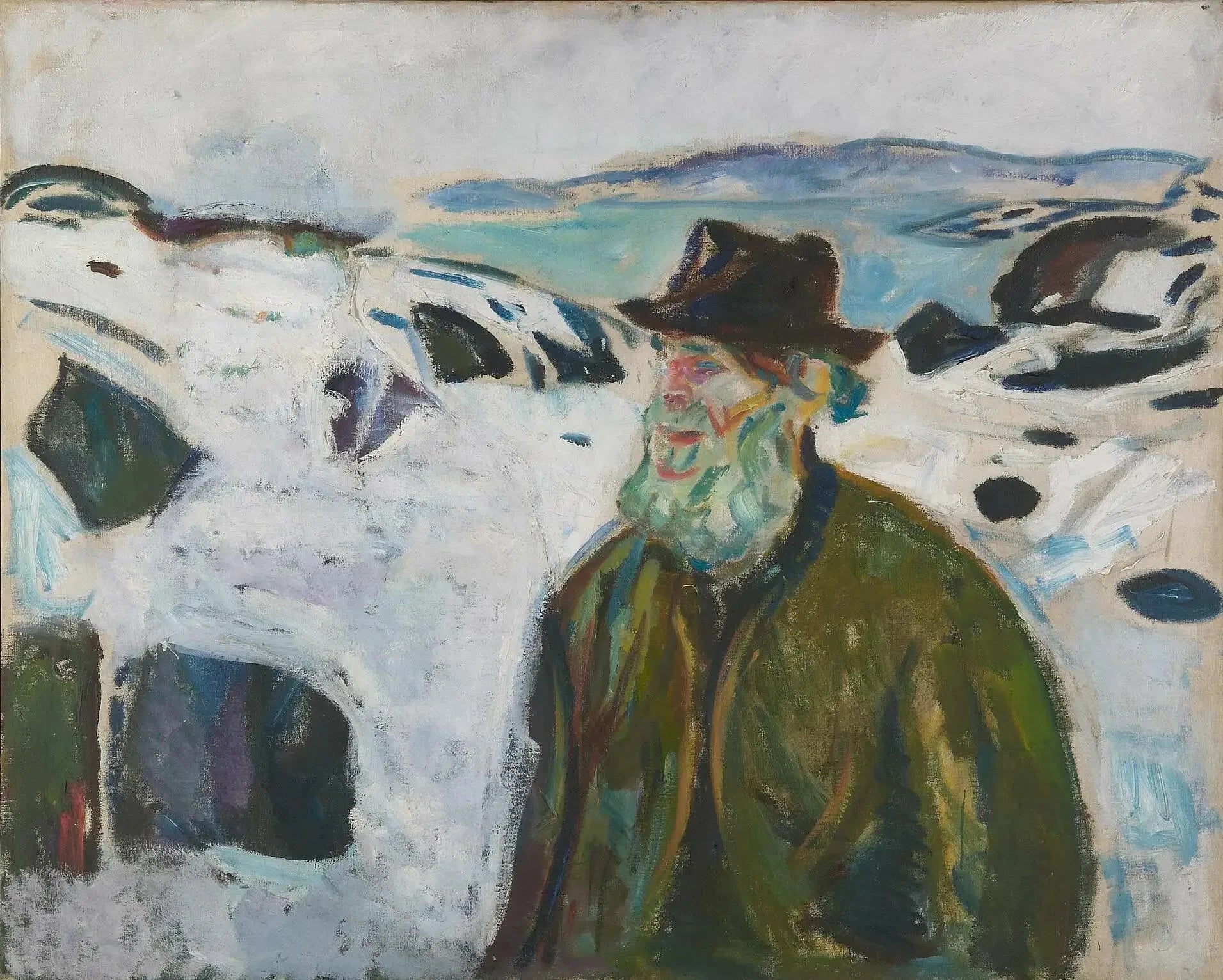 Vieux Pêcheur sur une côte couverte de neige - Edvard Munch image 1 reproduction d’œuvre d’art à l’huile