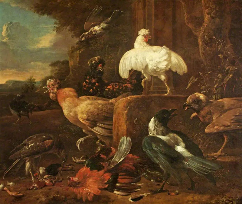 ไก่ถูกโจมตีโดยนกนักล่าในทิวทัศน์ - Melchior de Hondecoeter