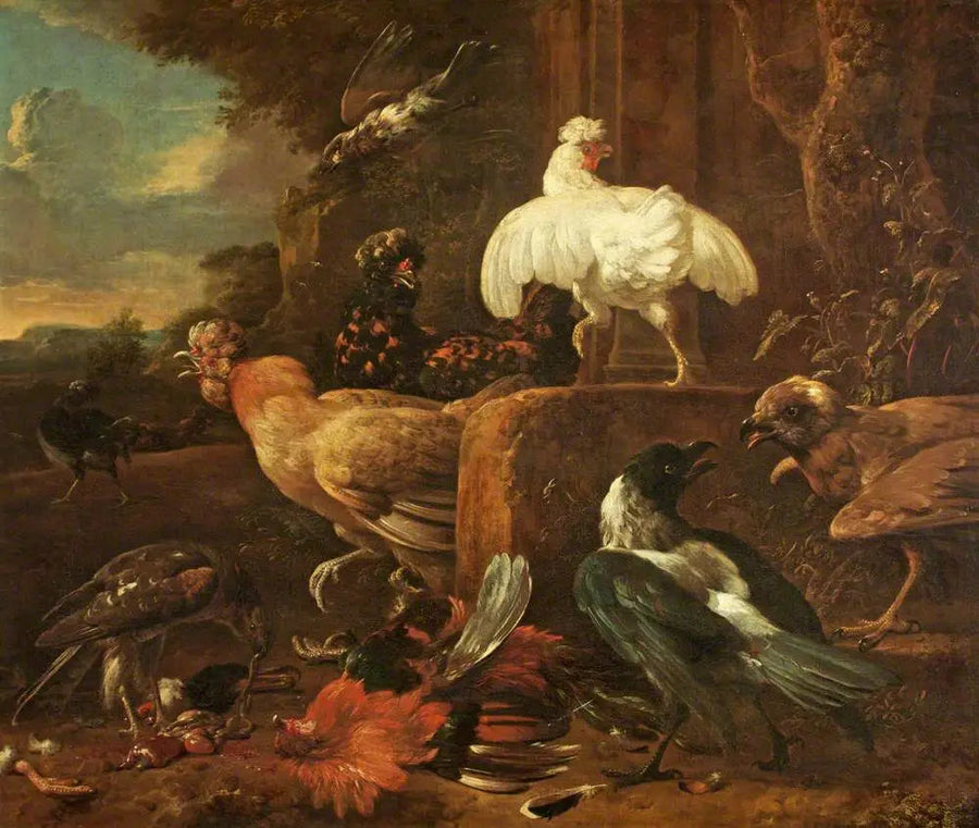 ไก่ถูกโจมตีโดยนกนักล่าในทิวทัศน์ - Melchior de Hondecoeter