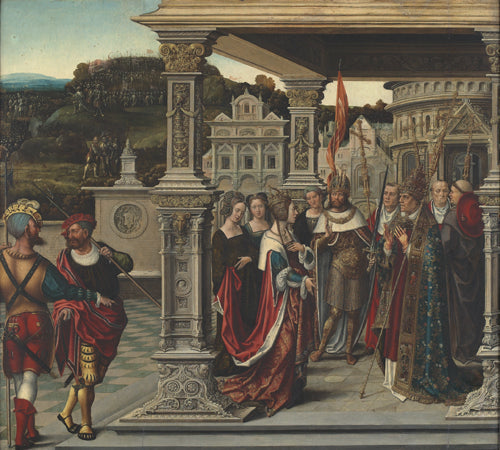 Volet gauche du retable de la confrérie de la Sainte-Croix à Furnes. Avers : Sainte Hélène devant le pape à Rome. Revers : Le Christ succombant sous la croix - Bernard van Orley image 1 copie de tableau peinte à la main