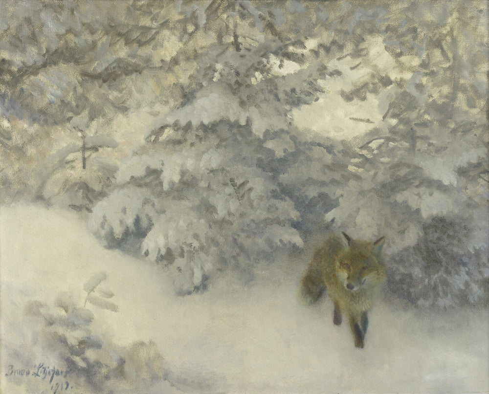 Vos tredend uit besneeuwde bosrand - Bruno Liljefors image 1 copie peinte à la main à l’huile