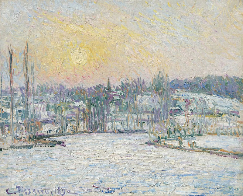 วิวของ Bazincourt, ผลกระทบของหิมะ, พระอาทิตย์ตก - Camille Pissarro