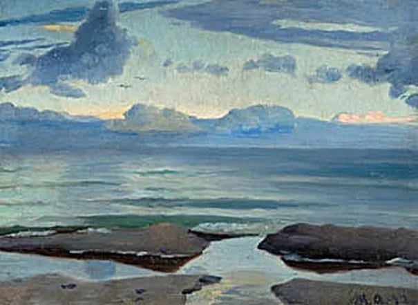 Vue de la plage de Skagen avec des mouettes à l'horizon, en début de soirée. - Michael Peter Ancher image 1 copie de tableau peinte à la main