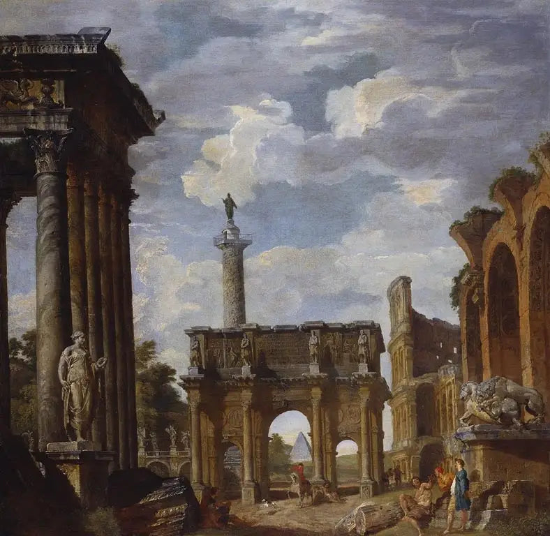 วิวของ Caprice พร้อมกับสะพานโค้งคอนสแตนตินและซากปรักหักพังโรมันอื่น ๆ - Giovanni Paolo Panini
