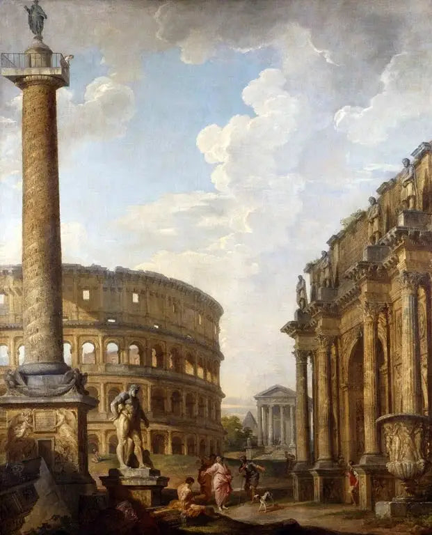 วิวของ Caprice พร้อมเสา Trajane และซากปรักหักพังของโรมัน - Giovanni Paolo Panini