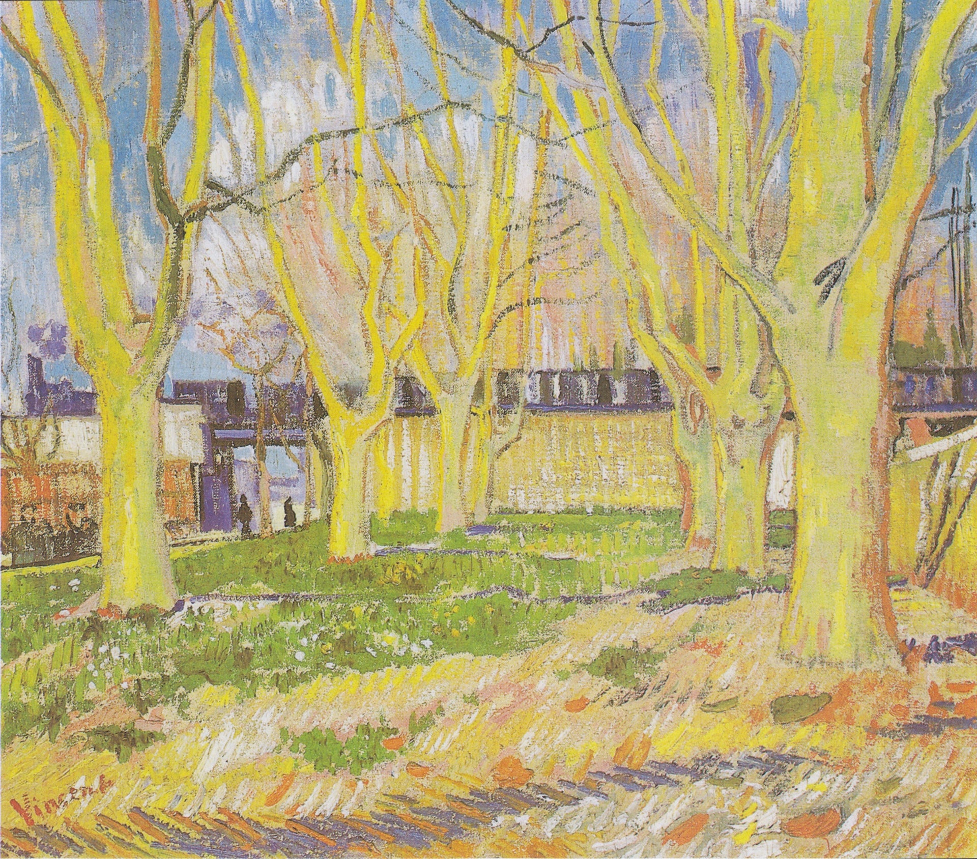 Vue du viaduc à Arles ou Le Train bleu, F398 — avenue de platanes et train peints par Vincent van Gogh