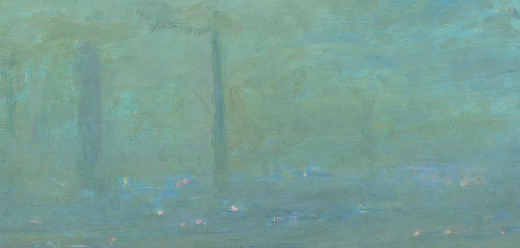 Détail des cheminées et de la brume turquoise dans la version Mellon de Waterloo Bridge