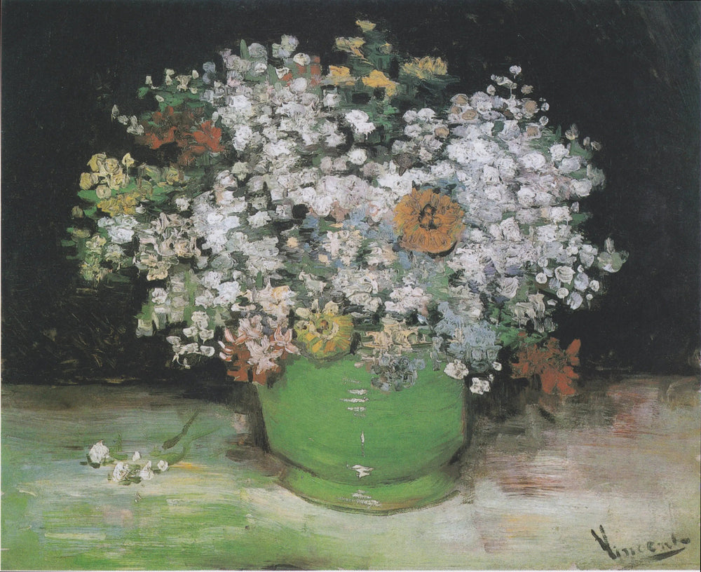 Reproduction du tableau « Zinnias et géraniums dans un vase - Vincent van Gogh » par Alpha Reproduction en peinture à l’huile